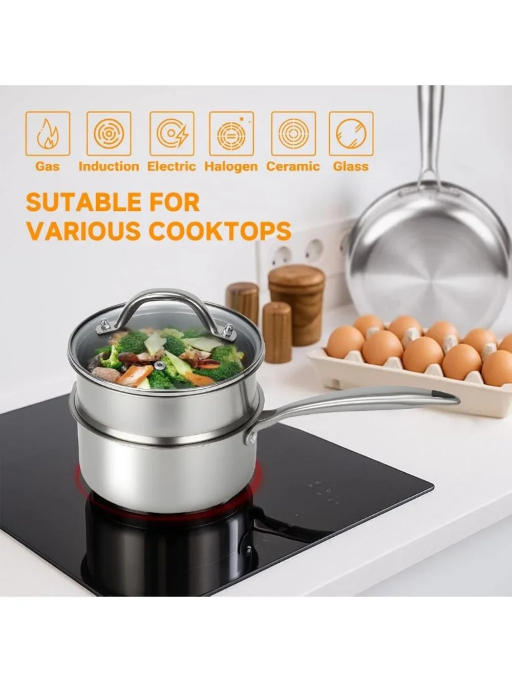 2.5 Qt Tri-Ply Stainless Steel Saucepan with Steamer Basket & Lid - Induction